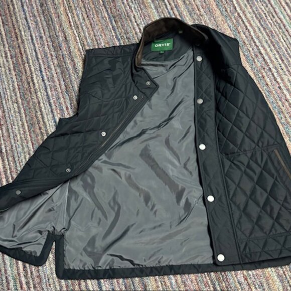 Orvis Quilted Vest Navy with brown trim Mens Large - Picture 5 of 6